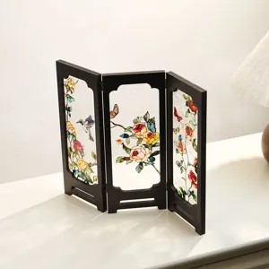 Miniature desktop folding screen detail, stained glass floral hummingbird art ornament