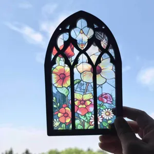 Gothic stained glass floral window hanging ornament translucent wooden home decor piece