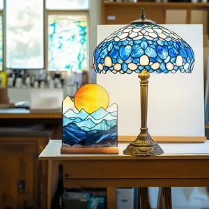 Stained glass table lamp and sunset mountain decor set, beautiful desktop home decoration light.