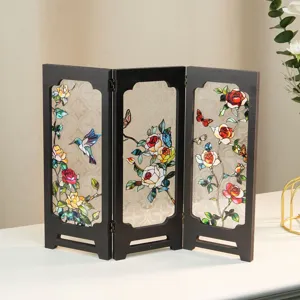 Miniature retro stained glass folding screen desktop decoration with floral bird art design.