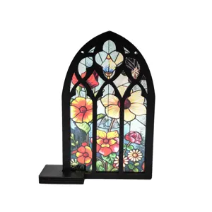 Gothic Wooden Stained Glass Window Decor Translucent Floral Pattern Tabletop Ornament