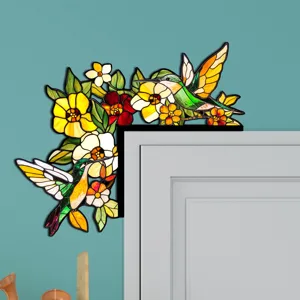 Adesivo per angolo porta con colibrì e fiore in vetro colorato adesivo murale decorativo.