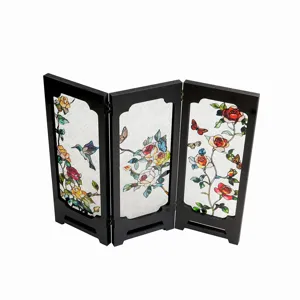 Tabletop folding decorative screen vintage miniature room divider stained glass floral design
