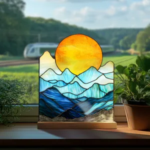 Stained glass style acrylic mountain sunset desktop ornament with wooden base for home decor.