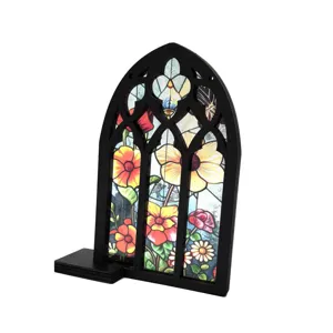 Translucent wooden gothic arch window ornament with colorful floral stained glass design.