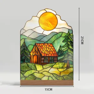 Stained glass landscape acrylic desktop ornament with wooden base home decor tabletop display