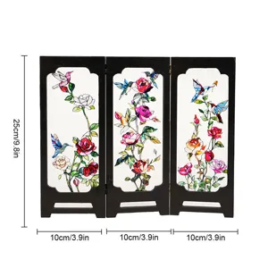 Mini 3-panel stained glass folding screen retro floral desktop decorative ornament.