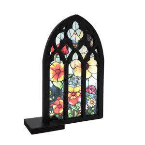 Gothic stained glass wooden window ornament, translucent floral home decor desktop stand.