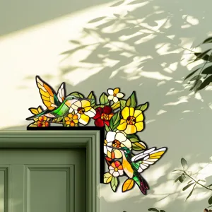 Bellissimo adesivo per angolo porta in legno con colibrì colorato e fiori in stile vetrata.