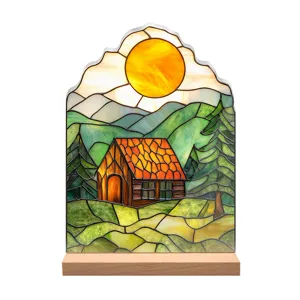 Stained glass style acrylic landscape desktop ornament with wood base for home decor.