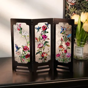 Vintage stained glass miniature folding screen table decor with floral and bird relief design