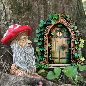 Sprookjes tuindeur en paddestoel tovenaar beeldje set, buiten miniatuur boom decoratie ornament.