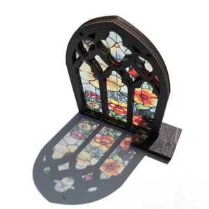 Wooden gothic arch window sun catcher stained glass floral tabletop decor display ornament stand