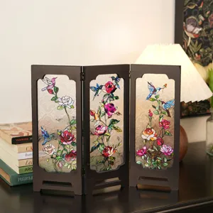 Stained glass folding screen decor, vintage floral hummingbird tabletop ornament detail.