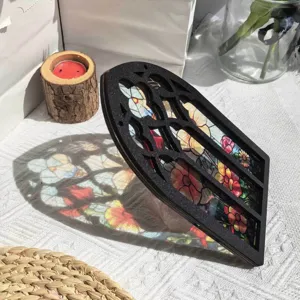 Wooden stained glass arch window ornament, light transmitting home decor detail view.
