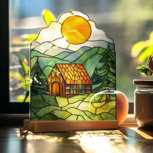 Stained glass style acrylic desktop decoration cabin mountain landscape home decor wooden base