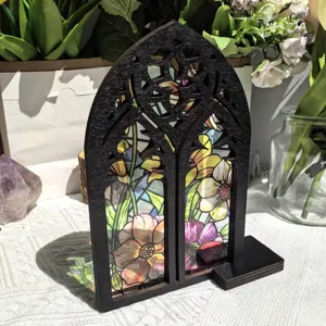 Detailed view of wooden arched window ornament with colorful stained glass floral design for home.