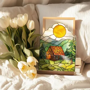 Stained glass style acrylic desktop ornament featuring a warm cabin landscape decor.