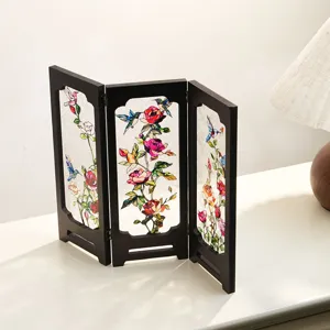 Vintage wooden miniature three-fold screen tabletop decorative ornament with floral art design