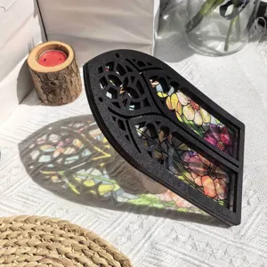 Wooden light-transmitting window ornament with floral stained glass effect for home decor display.