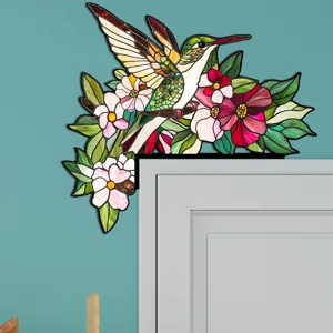 Adesivo angolare per porta con colibrì e fiori in stile vetrata, bellissima decorazione murale.