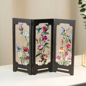 Miniature 3-panel folding screen desktop ornament with vintage stained glass floral design.