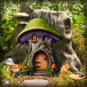 Gedetailleerd overzicht van sprookjestuin paddestoel huis ornament, hars miniatuur decoratie.