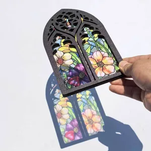 Translucent wooden gothic window home decor hanging pendant with floral stained glass detail.