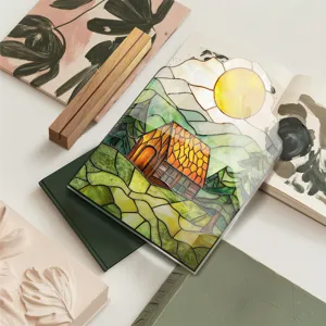 Close-up detail of acrylic stained glass landscape desktop ornament, artistic home decor.