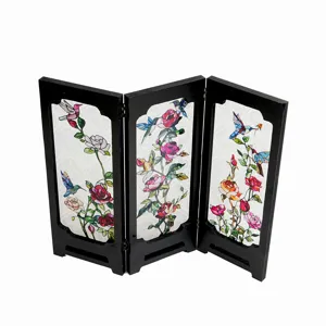 Close-up detail of the vintage 3-panel tabletop folding screen with floral stained glass.