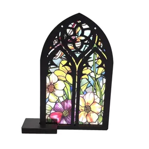 Stained glass style floral wooden window ornament, gothic arch desktop decor stand for home.
