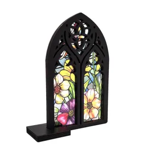 Gothic style wooden arched window detail stained glass floral decor ornament closeup