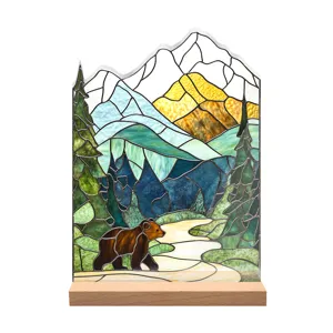 Stained glass style acrylic landscape desktop ornament detail showcasing the bear and trees.