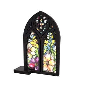 Gothic wooden stained glass window ornament for home decor, desktop display and wall hanging.