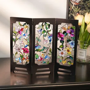 Miniature stained glass folding screen vintage desktop decorative ornament for home office.