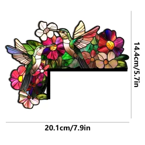 Adesivo per porta angolare colibri fiore in stile vetrata, decalcomania murale in legno.