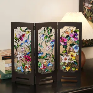 Vintage stained glass tabletop folding screen decorative ornament retro floral desktop decor.