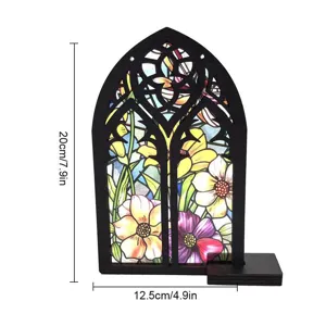 Detailed view of the stained glass wooden arch window desktop ornament showing colorful floral art.