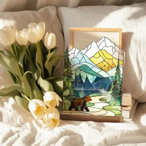 Stained glass style acrylic mountain bear desktop decoration home ornament with wooden base
