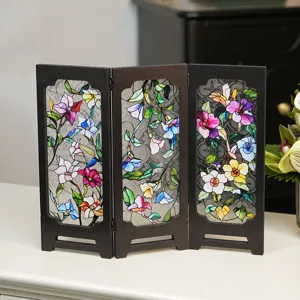 Vintage tabletop folding screen with colorful floral embossed glass panels for home decor
