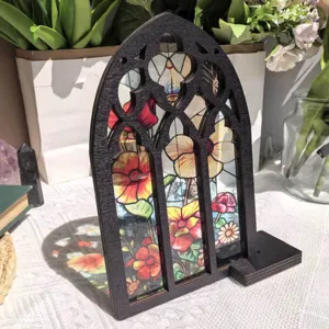 Gothic wooden arch window stained glass floral desktop ornament for home interior decor