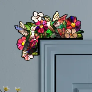Adesivo per angolo porta con colibrì e fiori in vetro colorato, decorazione in legno.