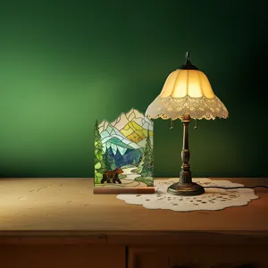 Stained glass style acrylic mountain and bear table ornament, perfect for home desktop decor.