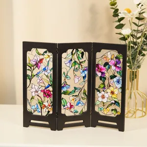 Vintage mini folding screen desktop ornament with stained glass floral design for home decor.