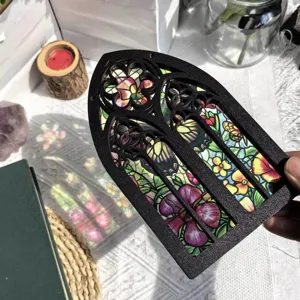 Gothic arched wooden stained glass window ornament floral butterfly hanging home decor display