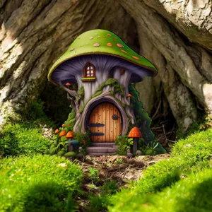 Sprookjes paddestoel huis tuin ornament buiten decoratie beeldje van hout en hars.