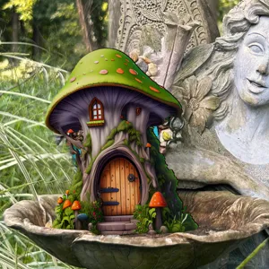 Sprookjes paddestoel huis tuindecoratie, schattige houten elf paddestoel hut voor buiten erf decor.