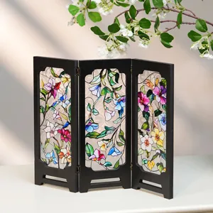 Miniature tabletop folding screen detail, vintage stained glass floral decor ornament.
