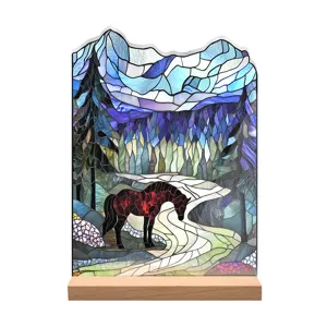 Stained glass style acrylic horse desktop ornament, home decor wooden base display piece