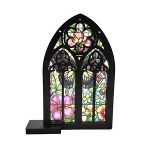 Gothic arched stained glass wooden window decor, perfect for desktop or wall hanging.